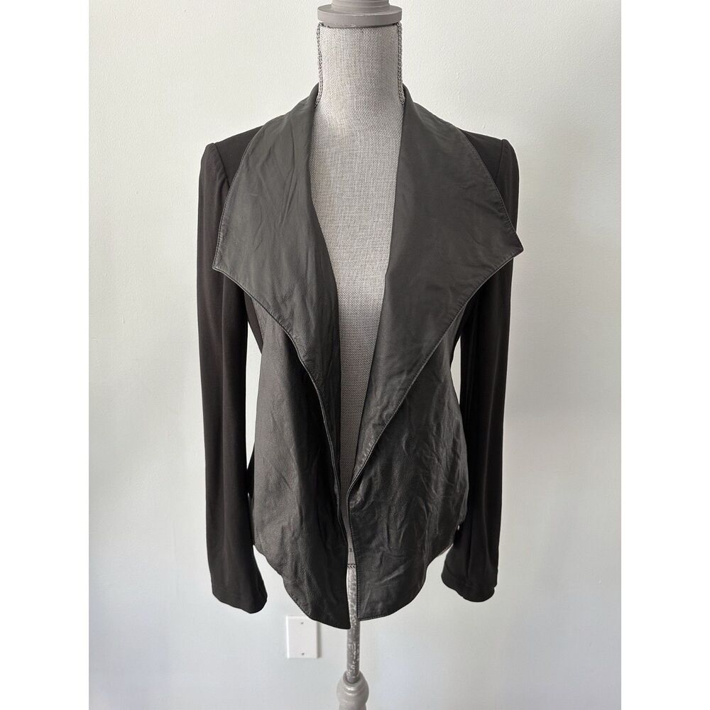 Theory Brigida Rave Lambskin Leather Jacket Size S Black Waterfall Drape Ponte